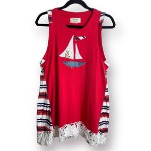 Broken Ghost Size M Red White Upcycled Custom Sleeveless Sailboat Lace Tunic Top